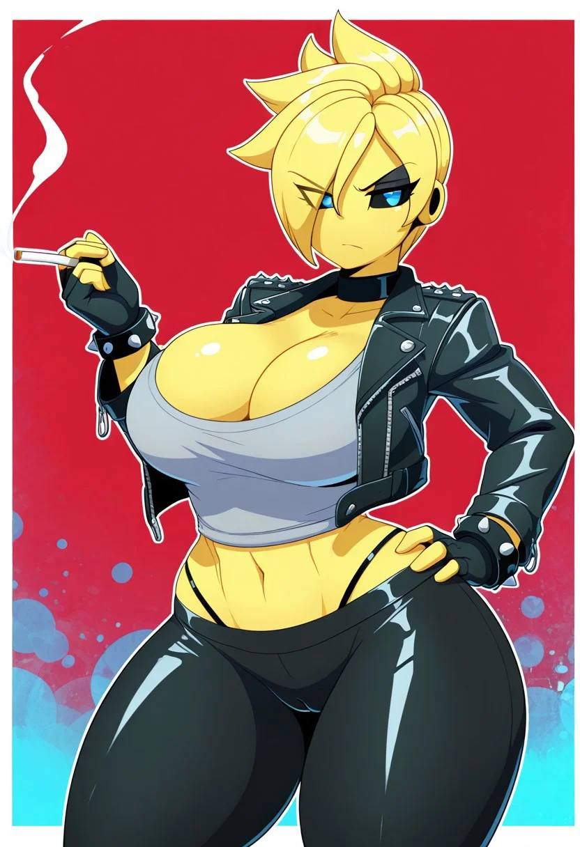 masterpiece, best quality, amazing quality, very aesthetic, high resolution, ultra-detailed, absurdres, newest, white border, (abstract background:1), ( red background | white background | blue background ), solo, 1female, hetero, voluptuous, curvy, huge thighs, al13nsp3c13sill, no nose, no ears, black sclera, blue eyes, yellow skin, yellow hair, hair over one eye, spiky hair, long sleeve leather jacket, tomboy, cleavage, punk, spiky bracelet, black fingerless gloves,  black eyeshadow, black choke, black leggings, (gray tank top:0.5), (thong straps0.7), midriff, cowboy shot, camel toe, looking at viewer, annoyed, holding cigarette in right hand, left hand on hip, contrapposto