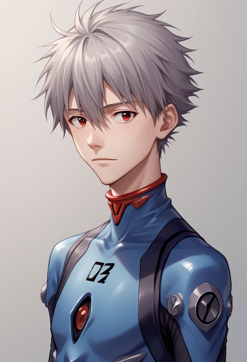 score_9, score_8_up, source_anime, highly detailed, 1boy, solo, male_focus, skinny,
kaworu, 1boy, male focus, solo, plugsuit grey hair, bodysuit, red eyes,
indoor, upper body,