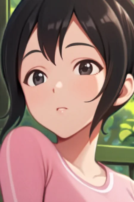 1girl, white background, upper body, (medium_shot:1.2), semi-realistic, <lora:Kak_Ros_UpinIpin:1> kak_ros, black hair, black eyes, ponytail, pink shirt, looking at viewer, medium breasts, (angry:0.3)
