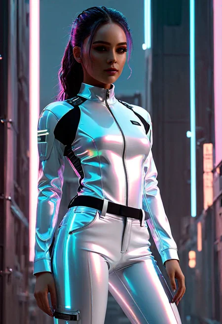score_9, score_8_up, score_7_up, raw,32K, UHDR, (ultra-quality:1.6),1girl, in Cyberpunk style, revealing and exposing clothes, cinematic, wearing lit fiber optics, oxigen-support-gadgets, strong parallel lines and nodes, extremely detailed cute face,
Tech-infused, advanced materials bound technology and design. stimuli reactive to color-changing , psicho texture-shifting. ,integrate neon lights for visual flair. sleek, angular shapes with sharp lines, including bodysuits and structured jackets. High-tech accessories are integral futuristic AR glasses, neural interfaces and cybernetic jewelry. cargo pants, utility belts, and harnesses for gadgets. Bold colors dominate, with vibrant neons and electric obsidian:0.9 or pink:0.6 contrasting against deep agate:0.9 or pure-snow-white:0.9. Dystopian influences inspire distressed fabrics, industrial hardware, and asymmetrical designs, reflecting the chaotic cyberpunk ethos. glowing boots
