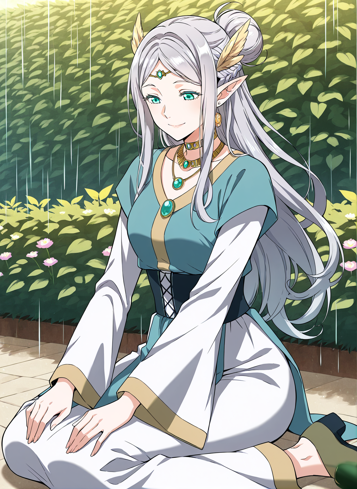 <lora:Merial_Eralith__The_Beginning_After_the_End__Illustrious:1>
1 girl, solo, elf, pointy ears, aqua eyes long hair, grey hair, ponytail, braid, single hair bun, 
dress, long sleeves, wide sleeves, hair ornament, circlet, jewelry, earrings, necklace, choker, head wings,
score_9, score_8_up, score_7_up, very aesthetic, source_anime, detailed, high quality, beautiful, detailed eyes, masterpiece, best quality, absurdres, perfect anatomy, 1girl, solo, wariza, sitting, hands on own knees, garden background, charming smile, rain