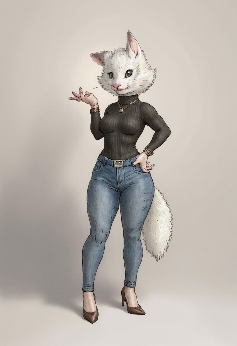 ((BPStyle))),("Expanded Detailed Beatrix Porter Style Furry Art") - High-Resolution Digital Masterpiece (Artwork) - Achieving a score of 9, with significant improvements in scores 8, 7, and 6. This captivating piece showcases a sophisticated, adult female character from the Furry community, specifically an elegant anthropomorphic white vixen.
Her striking appearance is characterized by intricate, well-textured fur, complete with fluffy tufts atop her ears and tail, which add to her enchanting allure. The character's expressive eyes sparkle with intelligence and warmth, while her delicate nose and mouth subtly convey emotions.
Beatrix dons a stylish ensemble consisting of a formfitting turtleneck sweater, expertly designed to highlight her slender frame. She pairs it with trendy denim jeans, ensuring both comfort and fashionability. Accessorizing with minimal jewelry, such as a simple necklace or bracelet, adds a touch of elegance without overwhelming the composition.
A captivating smile adorns her face, exuding positivity and approachability, making her a beloved character within the Furry fandom. Despite its detailed nature, this breathtaking work remains Safe For Work (SFW), catering to audiences of various ages who appreciate high-quality digital artistry.