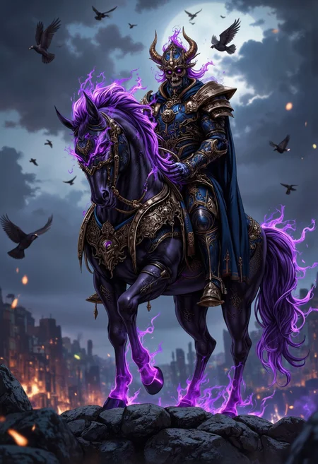 Masterpiece, a dramatic and intense scene set against a backdrop of a dark, stormy sky with ominous clouds. An undead knight, clad in elaborate, ghotic, ornate armor, sits atop a majestic and eeire, undead dark horse adorned with intricate metalwork. The horse's mane and tail are made of a purple fire glow, adding to its dangerous appearance. The knight's helmet is adorned with a skull and crossbones, symbolizing a sense of mystery and danger and its eyes glow in purple a purple light. The rider's posture is one of readiness and determination. The scene is filled with a sense of foreboding and tension, with birds flying around the knight, adding to the overall atmosphere of chaos and impending conflict. High-res, semi realistic, best quality, intricate details, ultra details, good lighting, vibrant colors, very detailed, octane render, ray tracing, mythp0rt