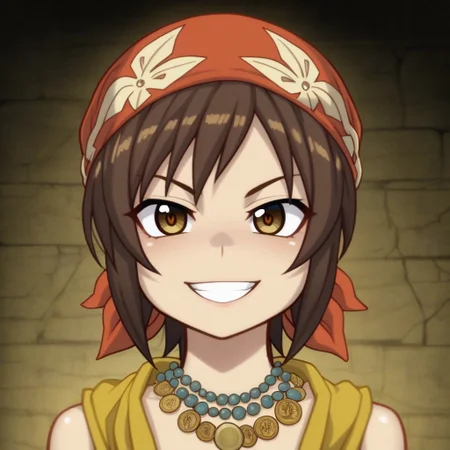 mana_sk style, portrait, focus on face, a daring treasure hunter girl with messy dark brown hair and sharp hazel eyes, wearing a tattered bandana and a necklace made of ancient coins, her mischievous grin revealing her fearless nature, faint glimpses of hidden caves in the background, Japanese RPG style, adventurous and bold atmosphere, intricate details on her bandana and necklace
