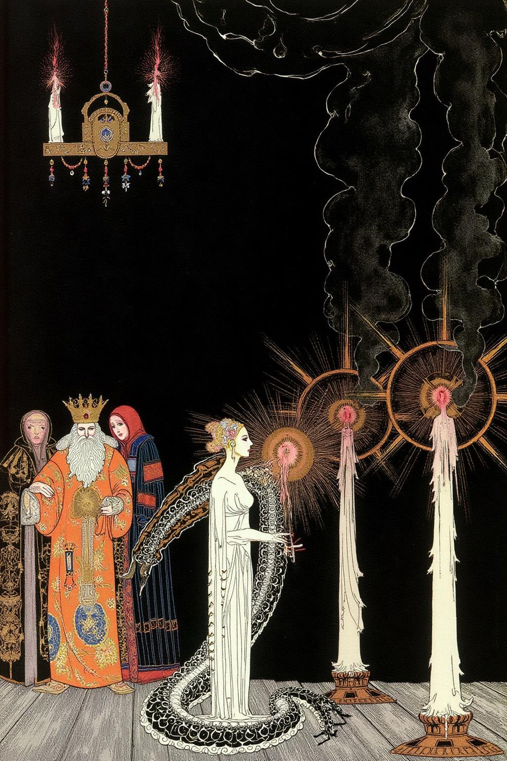 kaynielsen1 illustration
A ceremonial scene at night. In the foreground, a radiant, ethereal woman, shown in side profile, dressed in a flowing white gown with a long, serpent-like train and glowing golden crown, stands before a robed priestess. On the right are two giant lit candles, giving off black smoke. In the background, a group of robed onlookers, including a white-bearded king in ornate orange and black robes, watch solemnly. The background is deep black, with hanging chandeliers at the top-left corner. <lora:kaynielsen1_d8a4e12:1.0><lora:865912489647301785:0>