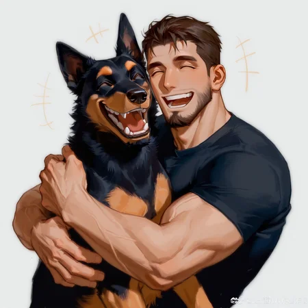 <lora:AustralianKelpieILL:1> man and a dog, animal, no humans, animal focus, smile, happy face, laugh, closed eyes, open mouth, hug, clinch,
(very short hair, beard, bara, mature, facial hair, stubble, beard, full beard, sideburn, beard, a lot of beard, ), facial hair,male focus, muscular male, muscular male, bara, mature, bara, mature, aixiwuganda_(20222192), very awa, masterpiece, best quality, absurdres, newest, perfect quality, detailed background, intricate details,
<lora:slider_Body Type_alpha1.0_rank4_noxattn_last:3><lora:style_Anime Summer Days 2 Style SDXL_LoRA_Pony Diffusion V6 XL:.6><lora:slider_cfg_scale_boost:.7><lora:Artist6p:.55>, Artist6p, Artist04p,<lora:slider_il_brightness_slider_d1:-1><lora:slider_il_contrast_slider_d1:-1><lora:slider_DarkSlider1.2_alpha1.0_rank16_full_300steps:-.6>