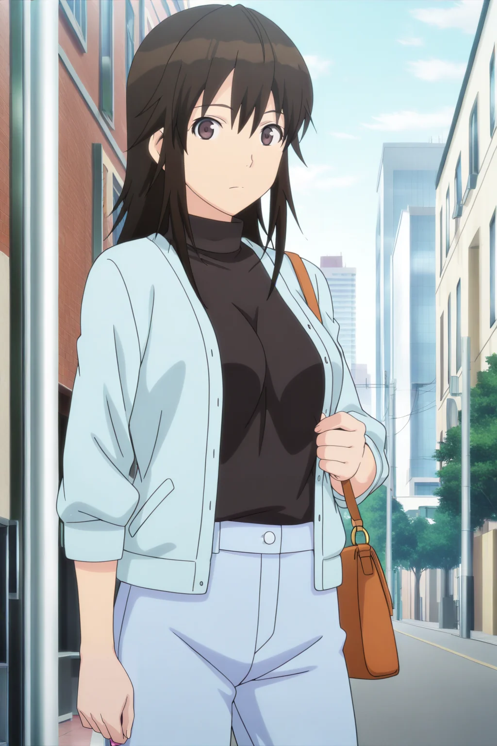 anime screenshot, miyamae tooru, 1girl, solo, black hair, long hair, brown eyes, medium breasts, blue jacket, open jacket, black sweater, turtleneck sweater, long sleeves, blue pants, handbag, looking at viewer, cowboy shot, outdoors, city, street, masterpiece, best quality, high quality, highres, absurdres, <lora:miyamae_tooru_ILXL:0.9>
