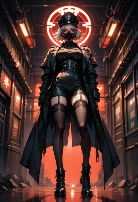 (score_9, score_8_up) ,score_7_up, 2girls, mask, black hair, white hair, military uniform, full face mask, black leggings, black thigh highs, looking at viewer, full body, large breasts, black hat, peaked cap, in all black, red glowing eyes, gloomy, unholy, hands behind back, black trench coat, all black attire, simple background, dark background, black background, neon red lights, gothic, from below pov, low-angle pov, blurry background,
<lora:DetailedEyes_V3:0.5> <lora:add-detail-xl:0.5>   <lora:masky-000009:0.7>