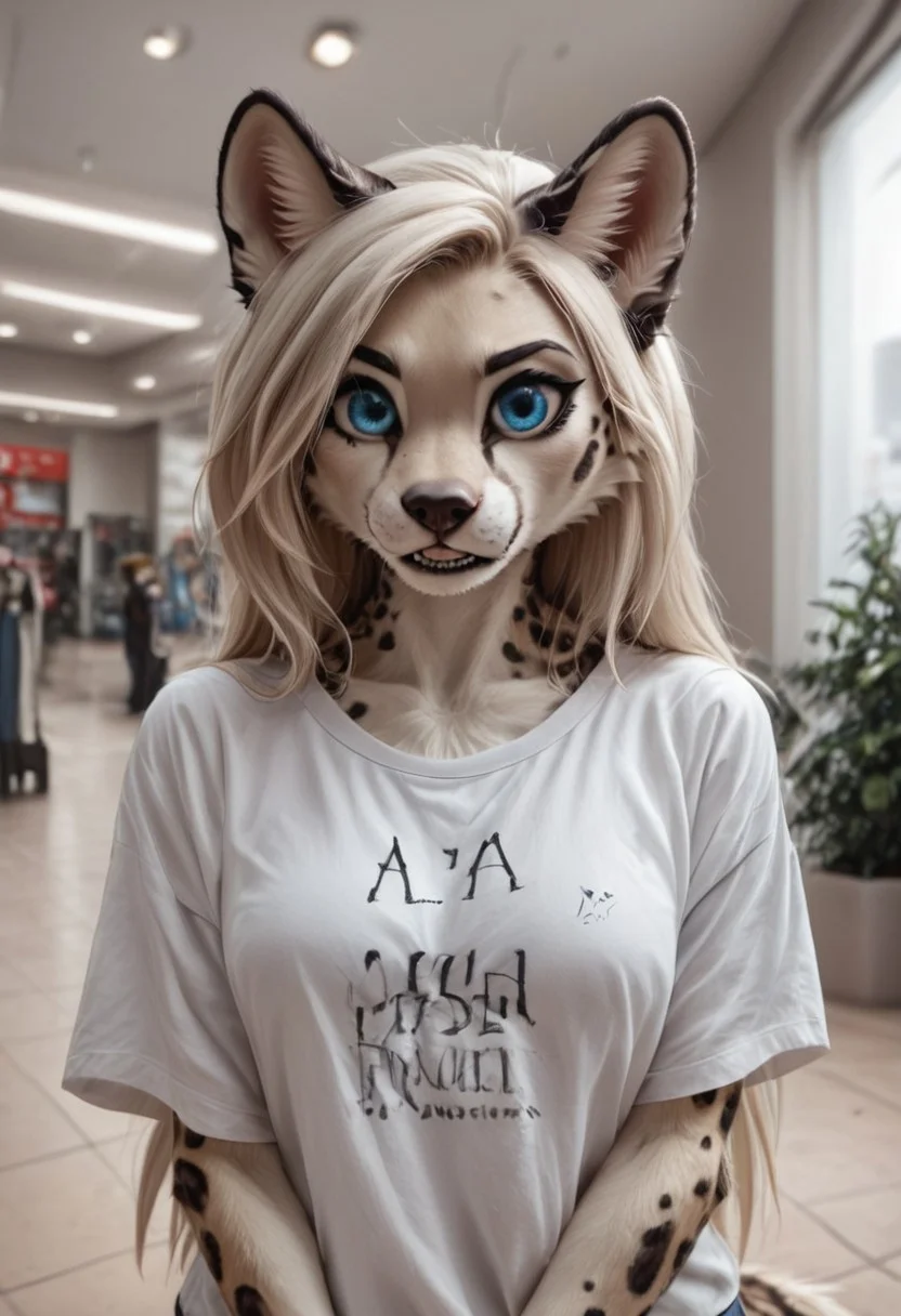 Score_9, ocelot, furry, anthro, animal ears, tail, ocelot girl, animal nose, ocelot tail, long tail, furry female, medium breasts, teeth, ocelot ears, snout, two-tone fur, ocelot fur, ocelot spots, blue iris, blue eyes, blonde hair, long hair, petite body, absurd res, sharp focus, volumetric lighting, detailed skin, detailed hair, extremely detailed, ultra 8k quality, high gradient eyes,
mall, shopping center, indoors, tshirt
