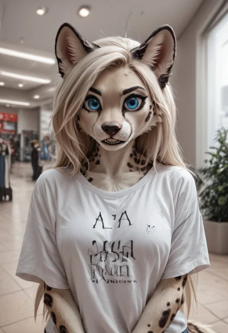 Score_9, ocelot, furry, anthro, animal ears, tail, ocelot girl, animal nose, ocelot tail, long tail, furry female, medium breasts, teeth, ocelot ears, snout, two-tone fur, ocelot fur, ocelot spots, blue iris, blue eyes, blonde hair, long hair, petite body, absurd res, sharp focus, volumetric lighting, detailed skin, detailed hair, extremely detailed, ultra 8k quality, high gradient eyes,
mall, shopping center, indoors, tshirt