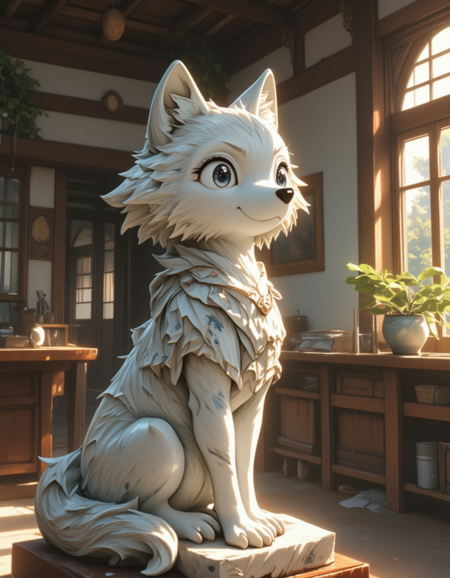 <lora:CW02_Lost_indusin:1> japanese animation style, cw02lost, indoors, sculpture, marble, detailed carving, cute girl wolf, with huge eyes