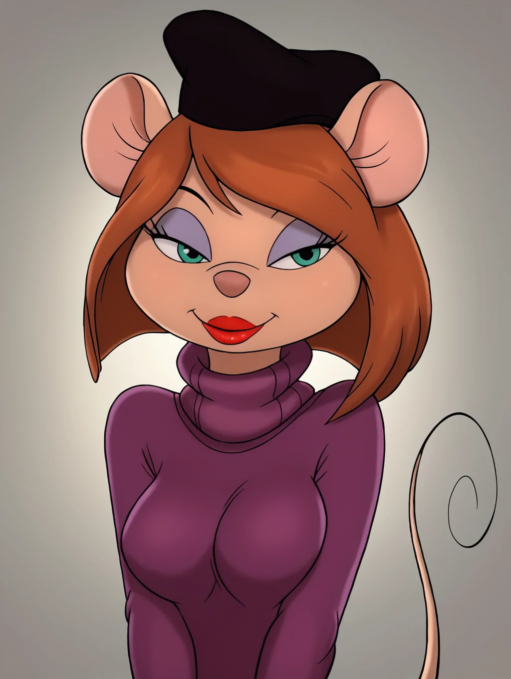 score_9, score_8_up, score_7_up, toon \(style\),ultra high quality,ultra high resolution,ultra ,full body, seductive, very realistic,(extremely detailed), detailed background,,(masterpiece, best quality, high quality, highres, ultra-detailed), ,long legs, <lora:Desiree_DAllure_Chip_n_Dale_Rescue_Rangers:0.9> desiree d'allure, anthro, furry, mouse, mouse ears, , black headwear, long sleeves, red lips, light purple eyeshadow, brown hair, short bob cut, side-swept bangs, toon (style), purple sweater, turtleneck sweater, aqua eyes, flat color, narrow waist,upper body,perfect eyes,perfect lips,seductive smile,thick lips,long eyelashes,bedroom eyes,breasts pressed together,arms in front,breasts squished,breasts pressed,framed,