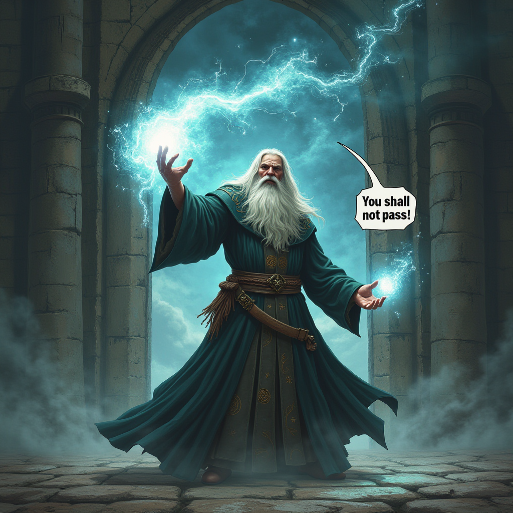 An old man wizard is casting a powerful magic shield at the doors of a grand castle. The wizard has long white hair and a flowing beard, giving him an ancient and wise appearance. His robes are adorned with mystical symbols and glow faintly with magical energy. He is very angry, his face contorted in a fierce expression of determination and defiance. A speech bubble next to him says, "You shall not pass!" The scene is epic and cinematic, with the wizard's magic shield creating a shimmering barrier of light that pulses with energy. The castle doors behind him are massive and ornate, hinting at the grandeur and importance of the fortress he is protecting. The atmosphere is intense, with dark clouds gathering in the sky and the ground beneath him showing signs of magical impact. The entire image captures a moment of high drama and fantasy, with the wizard's commanding presence and the powerful magic shield highlighting the epic nature of the scene