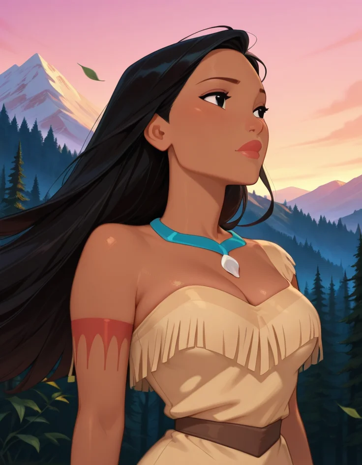 masterpiece, best quality, amazing quality, very aesthetic, absurdres, newest, detailed background, cowboy shot, 4k, 8k, front view, outdoors, forest, mountain background, wind, leafs,
pocahontasxd, 1girl, solo, jewelry, dark-skinned female, dark skin, long hair, black hair, necklace, breasts, black eyes, cleavage, bare shoulders, lips, fringe trim, medium breasts, upper body,
<lora:Pocahontas_-_Disney_Illustrious:1>