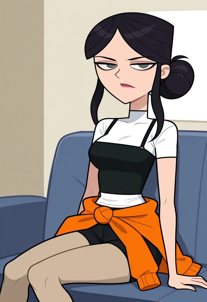 score_9,score_8_up,score_7_up, 1girl, solo, Tess_DC_IL, fair skin, dark gray eyes, black hair, chignon bun, dark pink lips, short black strap top, white under t-shirt, orange hoodie tied at her waist, black shorts, beige pantyhose, looking at viewer, indoors, room background, (portrait) tall, sitting on the couch, serious