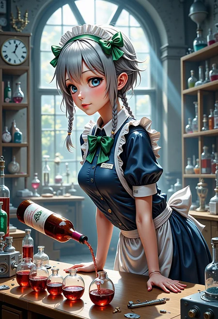 A masterpiece, ultrarealistic, natural colours of morning light, photorealistic scene, intricate interior of a laboratory, rich in detail, chemistry equipment in the background, a clock, (flat chest, lean, small-breasted, tiny tits, bustless, unbuxom, nothing clingy, no make-up:2),
flat chested scientist Izayoi Sakuya with intelligent concentrated face with no make-up is leaning over table, holds a wine bottle and pours wine into a row of steaming test tubes lined on the table, slim, slender, short silver hair, twin braids, green bows, green bowtie, loose blue maid uniform, mid dress, maid headdress, detached collar, white apron, pocket watch, 
<lora:Hand v2:1.1> Detailed hand, Hand, Perfect hand, 
<lora:best_of_flux_v30_rank64_bf16-step01750:1> best_of,