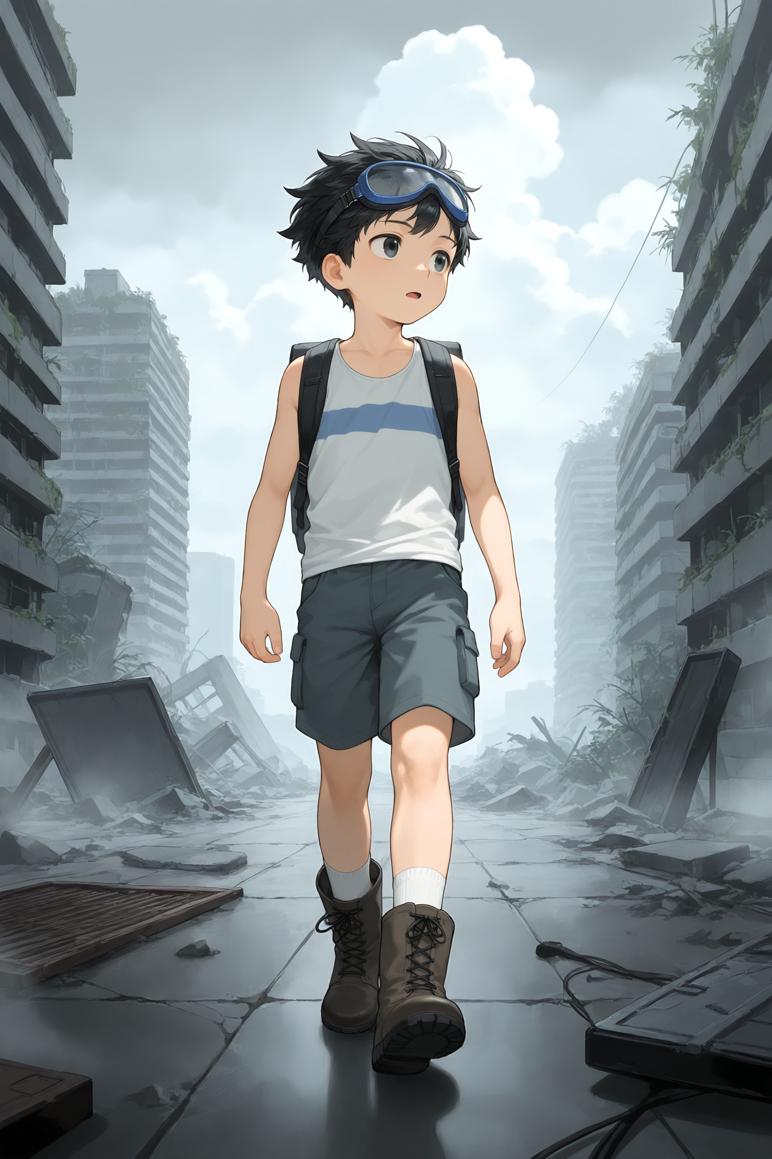 1boy,short hair,black hair,black eyes,wind goggles on head,backpack,tank top,shorts,white socks,boots,survivor,expressionless,open mouth,looking to the side,walking,fog,cinematic_angle,portrait,post-apocalypse,rooftop,ruins,overgrown,indoors,cloudy sky,aged down,male focus,illustration,IllusP0s,<lora:aidmaFLuxPro1.1_v0.3_IL:0.25>,<lora:noobaiXLNAIXL_epsilonPred11Version-lora:0.12>,<lora:best_of_ai_styles_noob-vpred-1.0_v1.337-edm2-pass-long:0.2>,<lora:cocofff:0.6>,
