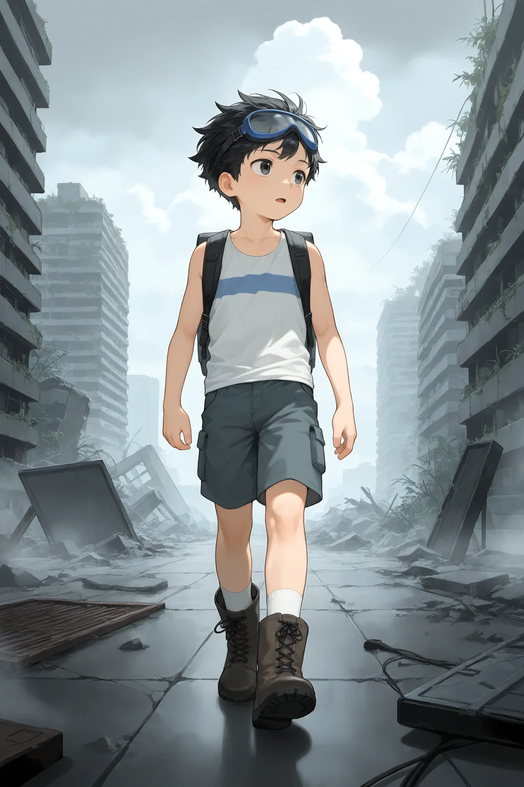1boy,short hair,black hair,black eyes,wind goggles on head,backpack,tank top,shorts,white socks,boots,survivor,expressionless,open mouth,looking to the side,walking,fog,cinematic_angle,portrait,post-apocalypse,rooftop,ruins,overgrown,indoors,cloudy sky,aged down,male focus,illustration,IllusP0s,<lora:aidmaFLuxPro1.1_v0.3_IL:0.25>,<lora:noobaiXLNAIXL_epsilonPred11Version-lora:0.12>,<lora:best_of_ai_styles_noob-vpred-1.0_v1.337-edm2-pass-long:0.2>,<lora:cocofff:0.6>,