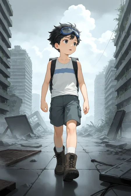 1boy,short hair,black hair,black eyes,wind goggles on head,backpack,tank top,shorts,white socks,boots,survivor,expressionless,open mouth,looking to the side,walking,fog,cinematic_angle,portrait,post-apocalypse,rooftop,ruins,overgrown,indoors,cloudy sky,aged down,male focus,illustration,IllusP0s,<lora:aidmaFLuxPro1.1_v0.3_IL:0.25>,<lora:noobaiXLNAIXL_epsilonPred11Version-lora:0.12>,<lora:best_of_ai_styles_noob-vpred-1.0_v1.337-edm2-pass-long:0.2>,<lora:cocofff:0.6>,