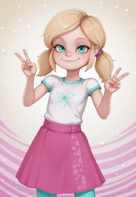fc7ilf, chelsea_illus_casual, twintails, aqua eyes, blonde hair, white shirt, short sleeves, pink skirt, leggings, 1girl, solo, abstract background, looking at viewer, upper body, smile, v, dynamic pose,