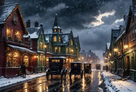 (((4k uhd))), (((high dynamic range:1.8))), ultra detailed, real photographic nikon z7, rich color, christmas Winter storm in a small irish 1900's town, dark fantasy, masterpiece, highly detailed environment, (((highly detailed objects:1.4))), disco elysium OverallDetail