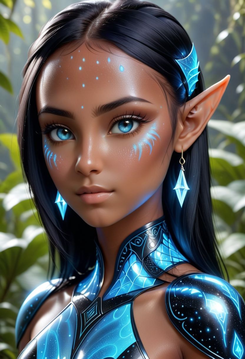 blue humanoid avatar with bioluminescent avatar markings dots and patterns on their skin. Pointed elf ears. avatar like hair, hair colour black, sparkling glowing blue eyes, slightly shimmery iridescent blue skin. female, warrior like, magical and mystical, detailed and realistic. Only blue skin tone. Only blue coloured skin. Skin colour all blue.