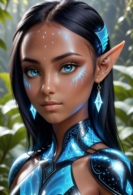 blue humanoid avatar with bioluminescent avatar markings dots and patterns on their skin. Pointed elf ears. avatar like hair, hair colour black, sparkling glowing blue eyes, slightly shimmery iridescent blue skin. female, warrior like, magical and mystical, detailed and realistic. Only blue skin tone. Only blue coloured skin. Skin colour all blue.