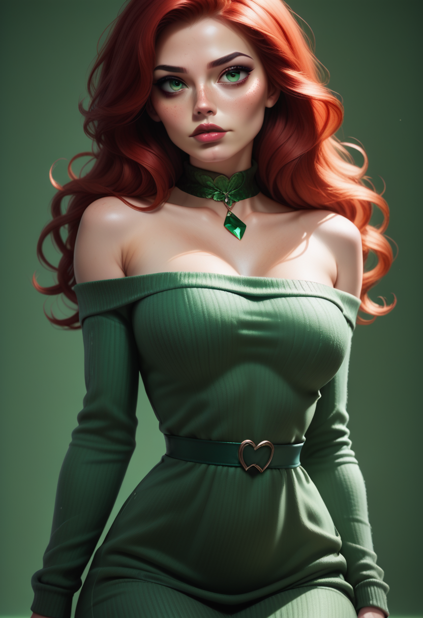 score_9, score_8_up, score_7_up, 1girl, solo, sexy sweater dress, green dress, scoop neck, bare shoulders, emerald choker, <lora:Dark_Autumn_Pony_v0.1:0.5> d4rk4utumn, red hair, green eyes,