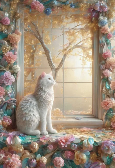 Outside the window, there is a sweet-scented osmanthus tree full of golden sweet-scented osmanthus flowers, and a cat on the windowsill looks up at the sweet-scented osmanthus flowers. Realistic photography, panoramic view, Chinese aesthetics, delicate texture, 8K high definition.