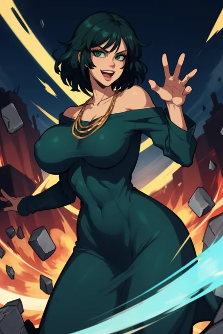 1girl, (solo:1.2), (masterpiece:1.2), (best quality:1.2), (perfect anatomy:1.4)
<lora:Taigerarts [MockAi - v1.0]:0.7> taiger, (simple shading:1.5), (cell shading:1.2), (huge breasts:1.4), (urvy:1.5), overflowing breasts, (skindentation:1.4)
(cowboy shot:1.5), (dynamic pose:1.5), (looking at viewer:1.5), (expressive face:1.5), (all around happy:1.5), (using psychokinesis:1.4), <lora:Fubuki [nochekaiser881 - v1.0]:1> fubuki, black hair, green eyes, short hair, black dress, dress, high collar, jewelry, necklace, off shoulder, taut clothes, taut dress, (post fight scenery:1.3), rubble, outside, daylight