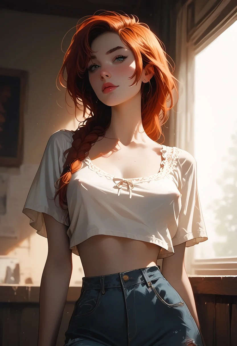 score_9, score_8_up, score_7_up, ExpresHGothicNeonIncase, detailed image, (flat colors:2), A young woman, golden light, long, auburn hair is styled into intricate braided twintails, swaying gently in the evening breeze. She wears a stylish, form-fitting off-shoulder crop top with delicate lace detailing, bnnnbrst, covered nipples, paired with high-waisted snug-fitting shorts, exuding effortless confidence, white background, depth of field, soft focus, high contrast, volumetric lighting, cinematic lighting, minimal shadows, perfect composition