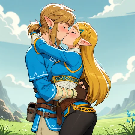 masterpiece, best quality, 1girl, 1boy, princess zelda, the legend of zelda: breath of the wild, standing, kiss, hug, closed eyes, outdoors