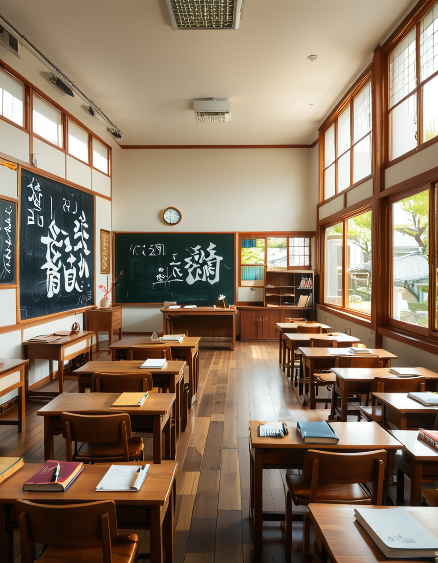 A traditional Japanese classroom during daytime, filled with wooden desks and chairs neatly arranged in rows. Large windows on one side let in natural light, showing a view of cherry blossom trees outside. The room has a chalkboard at the front with neatly written Japanese characters, and a teacher's desk with books and stationery. Educational posters with kanji and hiragana hang on the walls, alongside a clock above the board. The floor is polished wood, reflecting the soft sunlight. The atmosphere is calm and orderly, evoking a nostalgic and warm feeling. The image is highly detailed, realistic, and well-lit, capturing the traditional Japanese school environment.
<lora:SDXLFaeTastic2400:0.4> <lora:extremely_detailed:0.4> extremely detailed, <lora:Japanese_cl4ssr00m:1>,Japanese cl4ssr00m, Masterpiece,best quality,hi res,8k,hi res,8k,award winning,(sharp focus, intricate, highly detailed),