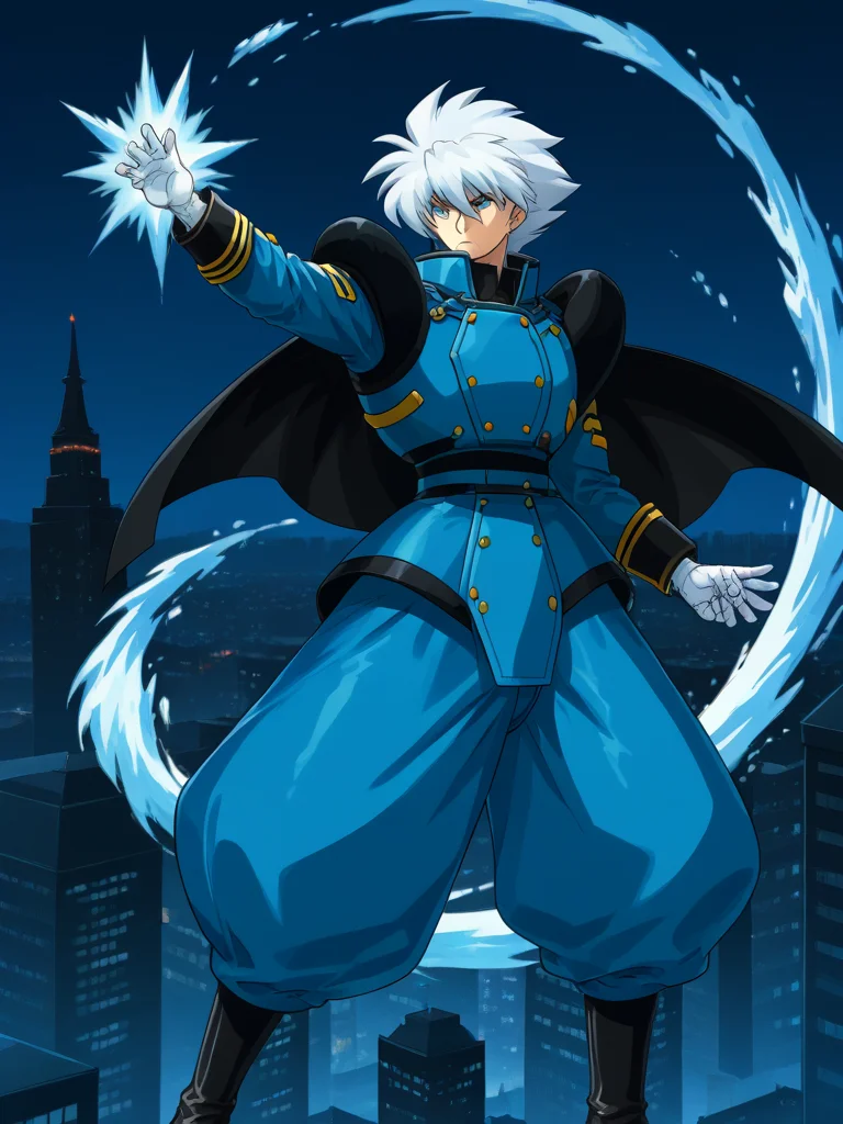1boy, solo, keithpfone, white hair, spiked hair, blue eyes, shirt, long sleeves, popped collar, shoulder armor, baggy pants, boots, gloves, cape, military uniform, outdoors, night, cityscape, flying, ice magic, dynamic pose, serious, full body