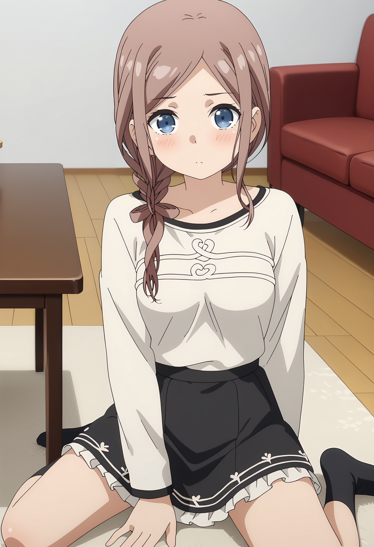 anime screencap,
<lora:OneRoom_OrisakiSayaXL:0.9>,
1girl, solo, closed mouth, blush,
long hair, light brown hair, parted bangs, hair over shoulder, single braid, blue eyes,
SayaCasual, collarbone, print shirt, white shirt, long sleeves, frilled skirt, black skirt,
black socks,
cowboy shot, sitting, kneeling, looking at viewer,
carpet, table, couch, indoors, blurry background