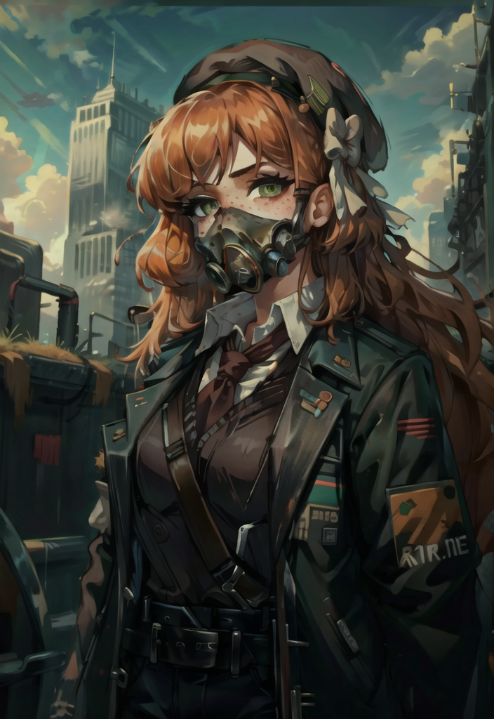 beautiful, (masterpiece:1.2), (best quality:1.2), perfect eyes, perfect face, perfect lighting, 1girl, solo, (detailed background),
postapoAI,
ishmael_limbus, orange hair, green eyes, long hair, freckle,
vest, armor, gas mask, beret,
outdoors, city, sky, daytime, skyscraper,
look at viewer, wide shot,
<lora:postapocalypseAI:0.65>,
<lora:ishmaelLimbusCompany_v1:1>,
