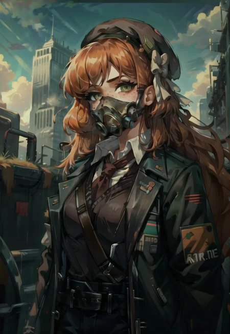 beautiful, (masterpiece:1.2), (best quality:1.2), perfect eyes, perfect face, perfect lighting, 1girl, solo, (detailed background),
postapoAI,
ishmael_limbus, orange hair, green eyes, long hair, freckle,
vest, armor, gas mask, beret,
outdoors, city, sky, daytime, skyscraper,
look at viewer, wide shot,
<lora:postapocalypseAI:0.65>,
<lora:ishmaelLimbusCompany_v1:1>,