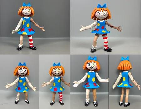 1girl, solo, mollyc1, bow, dress, smile, hair bow, blue dress, full body, shoes, doll, <lora:mollyc1:1>,