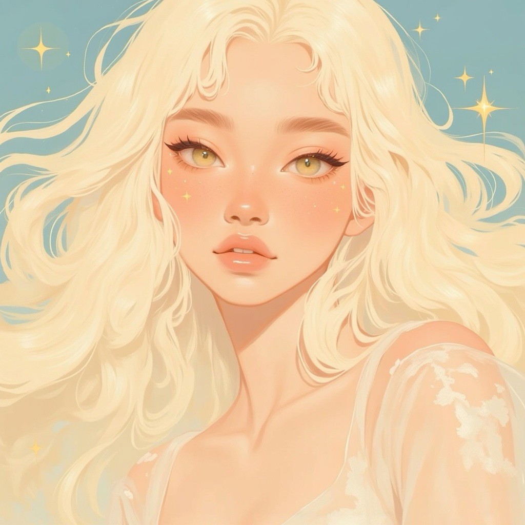 This is a digital illustration in a whimsical, fantasy art style. The subject is a young woman with an ethereal, otherworldly appearance. She has long, flowing, platinum blonde hair that cascades in soft, wavy curls around her face and shoulders, blending seamlessly into the background. Her skin has a soft, creamy complexion, and her facial features are delicate and refined, with high cheekbones, a small nose, and full, pouty lips.