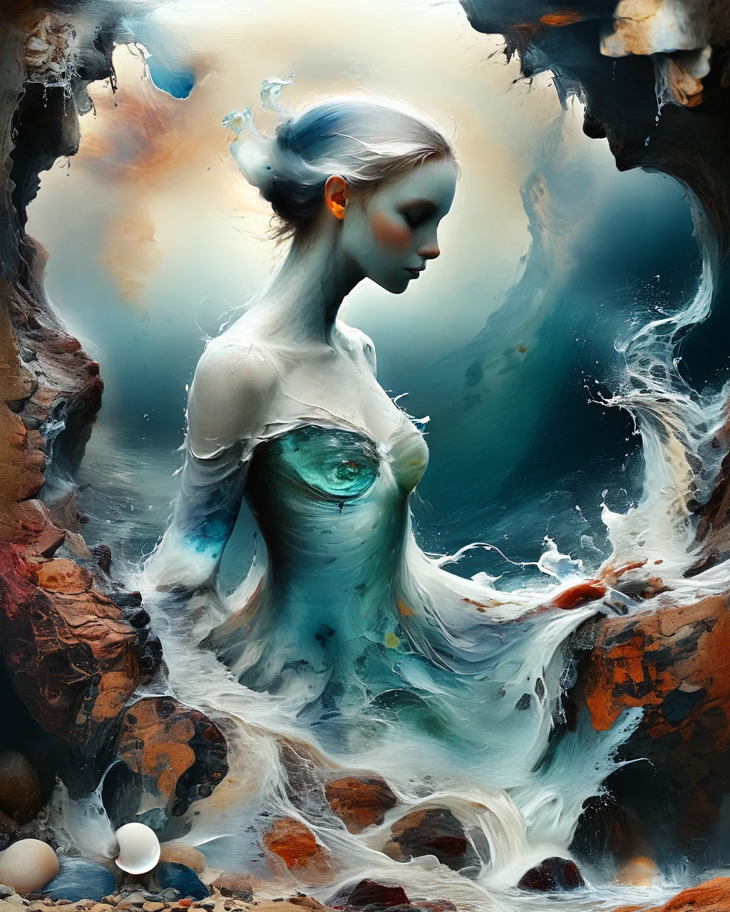 beautiful female water elemental with emerging from a wave breaking on a rocky coastline, liquid full body, white froth, colorful organic bioluminescent patterns, reflections, sheen, ocean, hyperrealistic, ultra resolution, professional photo, <lora:Jean-Baptiste Monge Style:1> Jean-Baptiste Monge Style page, <lora:add-detail-xl:1.0> <lora:xl_more_art-full_v1:0.5>