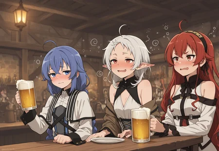 masterpiece, high quality, aged up, 3girls,, small breasts, roxy migurdia, eris greyrat, sylphiette \(mushoku tensei\), fantasy, tavern,drinking glass,beer,drunk,blush,wavy mouth,