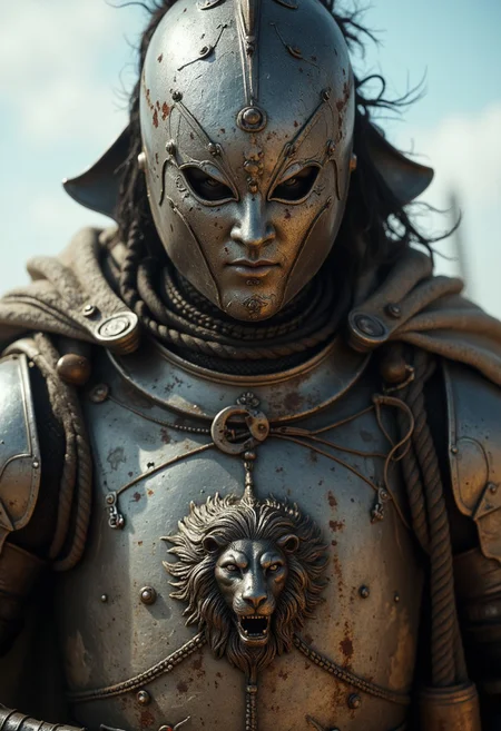 Vibrant Colorful Realistic analog photo, very detailed, hyper detailed, photorealistic, hyperdetailed, uhd, 4k, the focus of the image is on the witch, extreme closeup Face Portrait, extreme face closeup, head focus, Realistic analog photo, awesome, high Quality, photorealistic, atmospheric lighting, volumetric lighting, cinematic, Epic Film Quality, 
Capture the essence of medieval valor in this close-up shot: a weathered knight with a battered helm, adorned in armor bearing a lion's head emblem crafted masterfully from its metal. Positioned in a morning dueling arena, he awaits his opponent with a stance of readiness. Let the fluttering banners and flags in the wind tell the story of anticipation and honor on the battlefield.