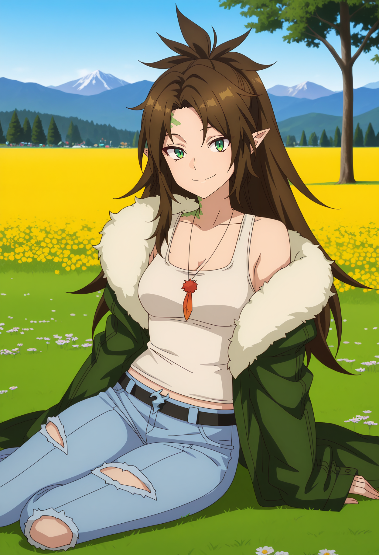anime screencap, masterpiece, best quality,
<lora:YamiHealer_Zophia_IlluXL:0.9>,
1girl, solo, closed mouth, smile,
ponytail, parted bangs, long hair, brown hair, green eyes, pointy ears, lizard girl, scales,
off-shoulder jacket, fur-trimmed jacket, green jacket, white tank top, cleavage, medium breasts, pendant, sleeves past wrists,
midriff peek, black belt, belt buckle, torn jeans,
yokozuwari, looking at viewer,
outdoors, scenery, tree, mountainous horizon, grass, flower field, blue sky, photo background, blurry background