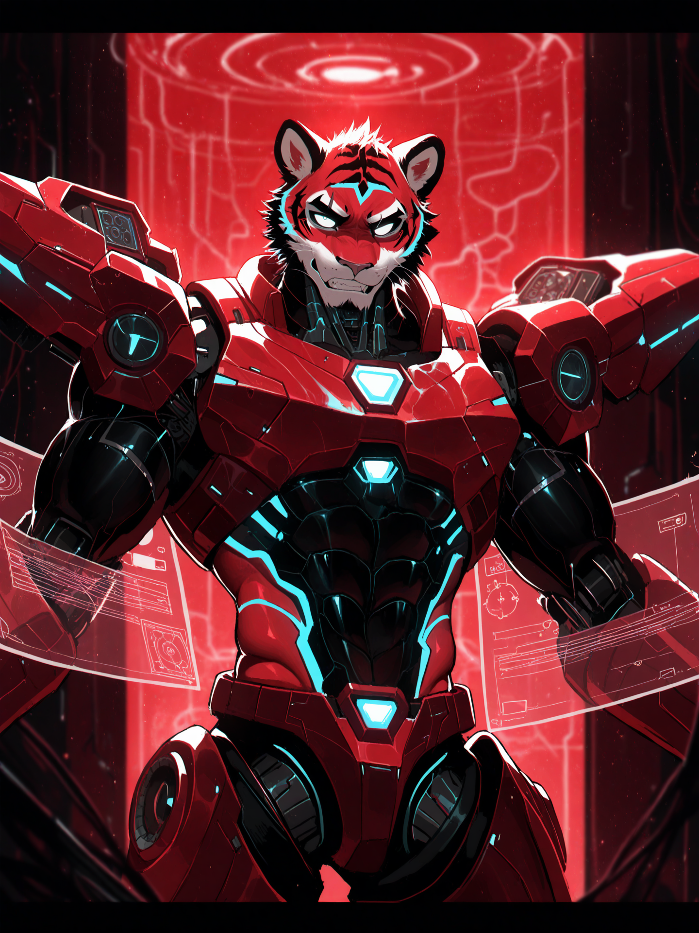furry male, male focus, bara, mature male,
solo, (tiger boy:1.1), anthro, tiger, sci-fi style, Japanese animation style, 18age teenagers furry, Cyberger, The male tiger mecha police officer has been restored to factory settings, slim and handsome, including the operation interface, holographic manufacturing drawings, design drawings, t-pose, futuristic style, movie texture, small waist, futuristic, cybernetic, detailed, intricate, cygames, (red theme), drawing tablet,
 BREAK (dishwasher1910:0.8), (misaka 12003-gou:0.6), (le \(huanglongen\):0.8),
 BREAK very awa, masterpiece, best quality, amazing quality, very aesthetic, newest