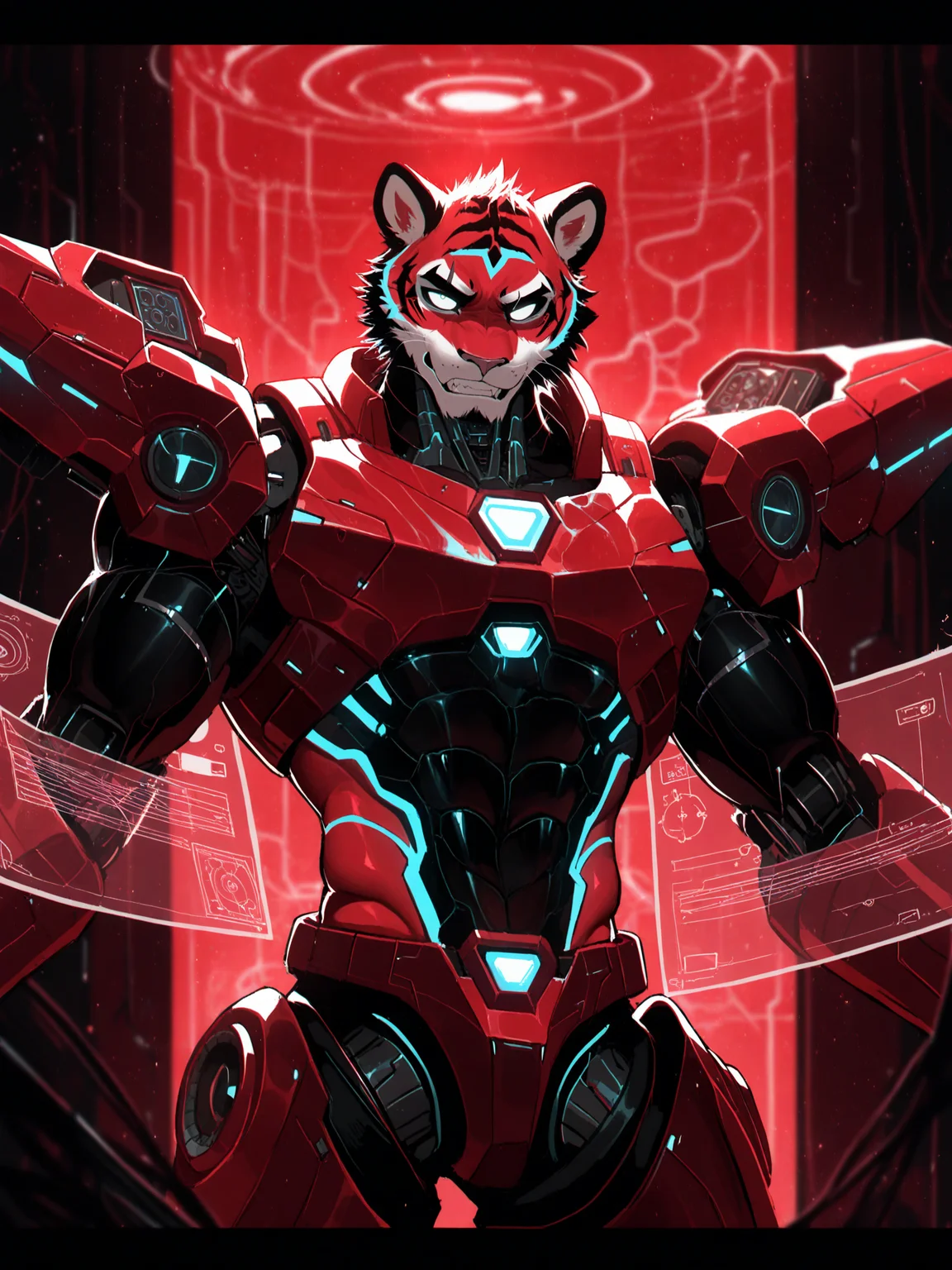 furry male, male focus, bara, mature male,
solo, (tiger boy:1.1), anthro, tiger, sci-fi style, Japanese animation style, 18age teenagers furry, Cyberger, The male tiger mecha police officer has been restored to factory settings, slim and handsome, including the operation interface, holographic manufacturing drawings, design drawings, t-pose, futuristic style, movie texture, small waist, futuristic, cybernetic, detailed, intricate, cygames, (red theme), drawing tablet,
BREAK (dishwasher1910:0.8), (misaka 12003-gou:0.6), (le \(huanglongen\):0.8),
BREAK very awa, masterpiece, best quality, amazing quality, very aesthetic, newest
