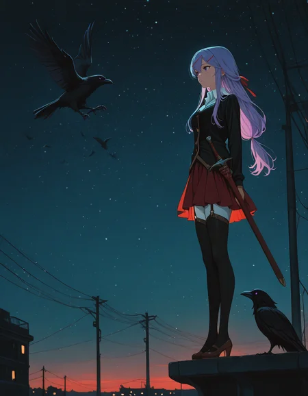 Smooth Quality <lora:yulishia_IL:1> yulishia, x hair ornament, long hair, hair ribbon, red ribbon, purple eyes, pink eyes, dark-skinned female, hair between eyes, purple hair, grey hair, white shirt, collared shirt, long sleeves, black jacket, wing collar, sheath, weapon, sheathed, red skirt, pleated skirt, white pants, pants under skirt, garter straps, black thighhighs, high heels, brown footwear, 1girl, arms_at_sides, bird, brown_cardigan, cardigan, crow, flock, from_side, full_body, gradient_sky, looking_ahead, outdoors, power_lines, sky, solo, standing_on_object, twilight, ufo, uwabaki, aquarium_visit, pressed_against_glass, marine_life_in_background, dim_blue_lighting, wonderstruck_expression, serene_mood, <lora:Dark_Ghibli:1> Studio Ghibli Dark Fairytale, <lora:lightingSlider:-1> late night, addmicrodetails <lora:AddMicroDetails_Illustrious:0.6> <lora:SkindentationIL3.4_alpha16.0_rank32_full_400steps:3>