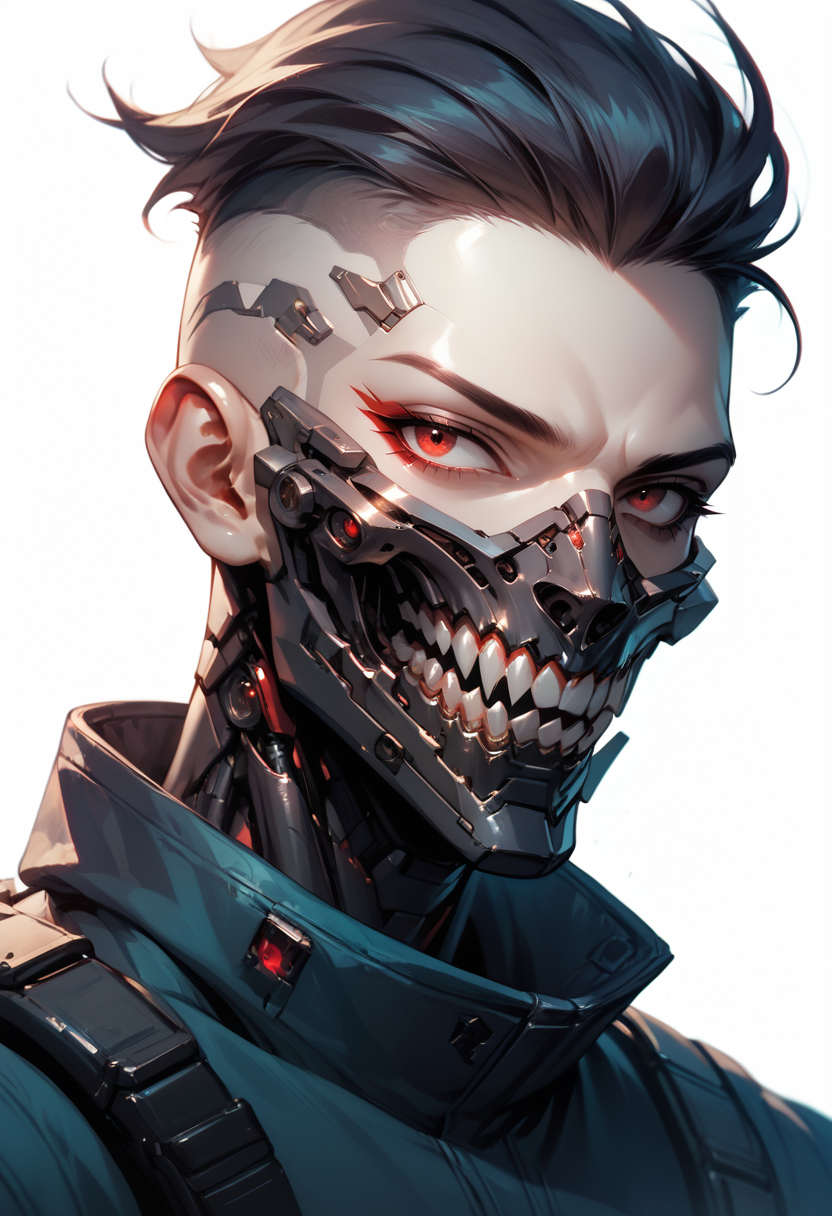 (score_9, score_8_up), score_7_up, zPDXL, solo, looking at viewer, simple background, red eyes, 1boy, white background, upper body, male focus, teeth, eyelashes, mask, sharp teeth, portrait, close-up, science fiction, high collar, mouth mask, very short hair, cyborg, hair slicked back, cyberpunk
<lora:BioPunky:0.9>