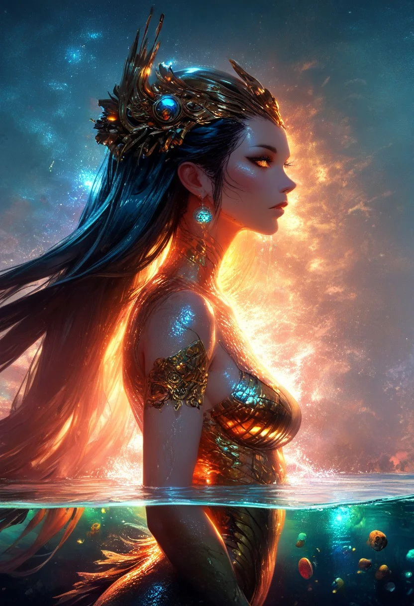 (score_9, score_8_up), score_7_up, zPDXL, solo, zPDXL3, <lora:MythAnim3Style:0.8>, MythAn1m3, character, source_anime, 1girl, mermaid, Iridescent eyes, aquatic scene, dreamlike atmosphere, mystical, ethereal light, detailed textures, whimsical, rippling, dripping, water element, very long cascading hair, water, very beautiful, sexy, sexy body, beautiful body, scales, wet body, Iridescent scales, bubbles, water drops, Iridescent skin, multi colored eyes, partially underwater shot, bioluminescent skin, bioluminescent, glowing, bioluminescent scales, bioluminescent hair, bioluminescent scales, FastNegativeV2, laser light clothes, submerged breast, water line on lense, view from under water, waterline, great lighting, seashells details, metallic details, hair ornaments, gems, sunset, bioluminescent tattoos, coastal landscape background, long hair braids, wet transparent clothing, translucent clothing, bodysuit with flowing sleeves, dark hair