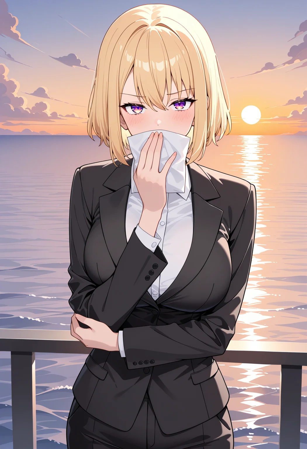 masterpiece, best quality, high resolution, source_anime, highly detailed illustration, detailed eyes,
very aesthetic, absurdres, newest, amazing quality,
1girl, solo,
<lora:shiChaeHaeInV1ill:1>, shichaerng, covering own mouth, holding, holding napkin, short hair, blonde hair, hair between eyes, bangs, sidelocks, purple eyes,
large breasts,
outdoors, sky, virtual youtuber, water, black jacket, ocean, formal, suit, sunset, railing, horizon, pants, cloud, standing, black skirt,
looking at viewer, smirk, smug,