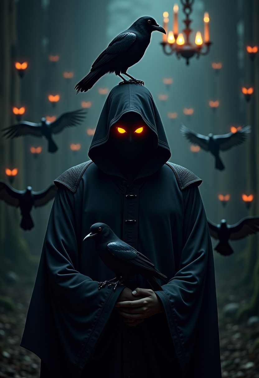 realistic quality photo, retro photo, person in black mantle surrounded by crows, crow on the shoulder, crow on top of the hood, old mansion background, in the dark corner behind many glowing eyes, creepy atmosphere,